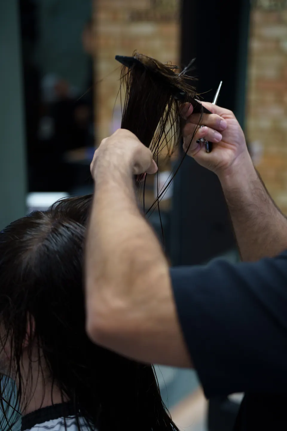 Scissors cutting a section of dark hair