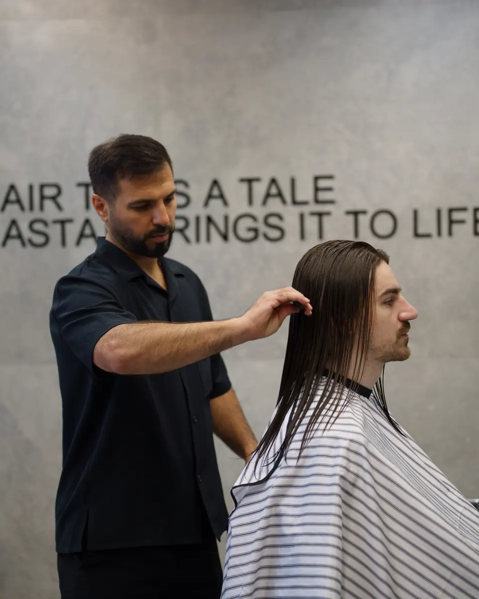 Sam cutting a client’s long hair in front of the concrete wall