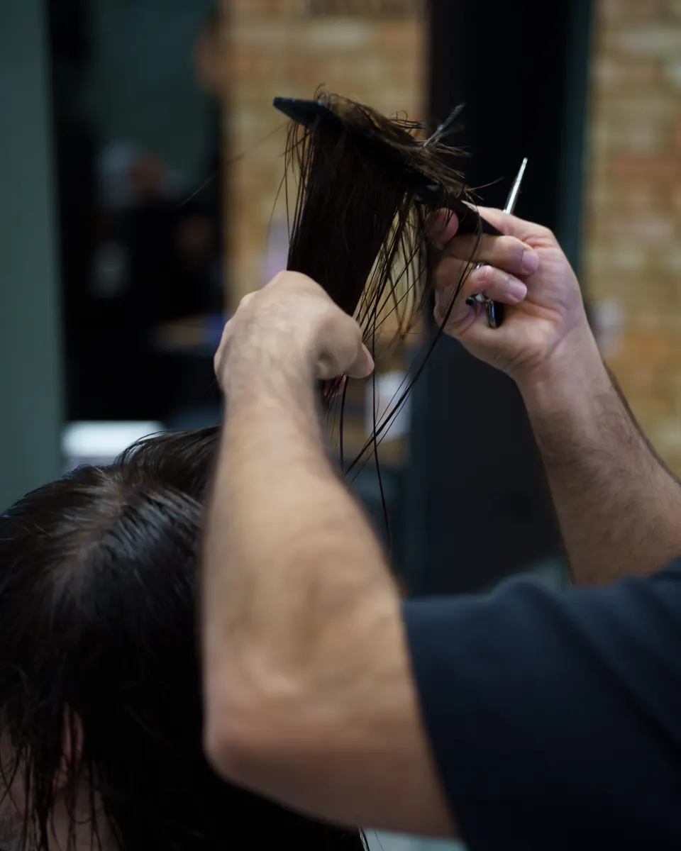 Close-up of scissors cutting a section of dark hair